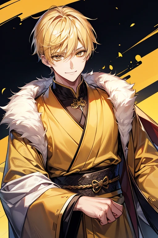 man 1、yellow short hair, long yellow eyelashes、yellow eyebrows、Handsome man with expressive eyes, Smiling, Yellow eyes、细致背景、Japan costumes