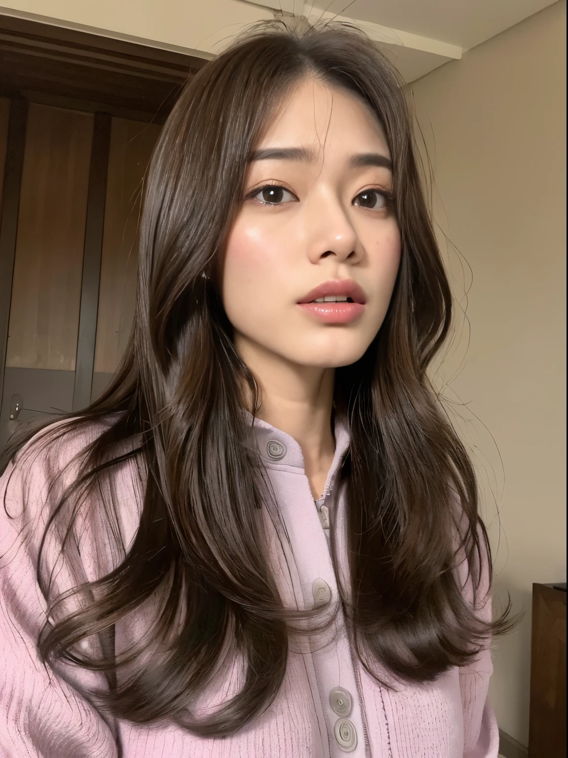 (best quality,8k,highres,masterpiece:1.2), realistic, photorealistic:1.37, UHD, studio lighting, sharp focus, extreme detail description, professional, vivid colors, bokeh, portraits, extremely detailed face texture, beautiful detailed eyes, beautiful detailed lips, extremely detailed hair, dark colored hair, youthful appearance, big round breast, cleavage, proportional eyes, seducing smile, clean and natural face, no makeup, bare face, indonesian face,
