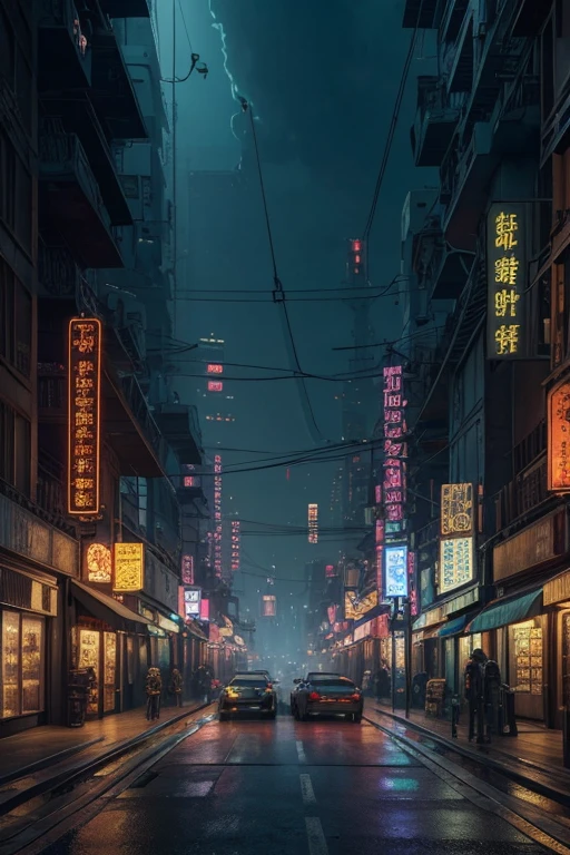 Cyberpunk city from sci-fi movie, empty street, night, chinoiserie buildings, old shop, irregular, circuit boards, wires, intricate, super detailed, realistic, hyper realistic, high quality, best, super detailed, crazy Detail, Very Detailed, Photorealistic, Epic Composition, Best Quality, 32k --v 6