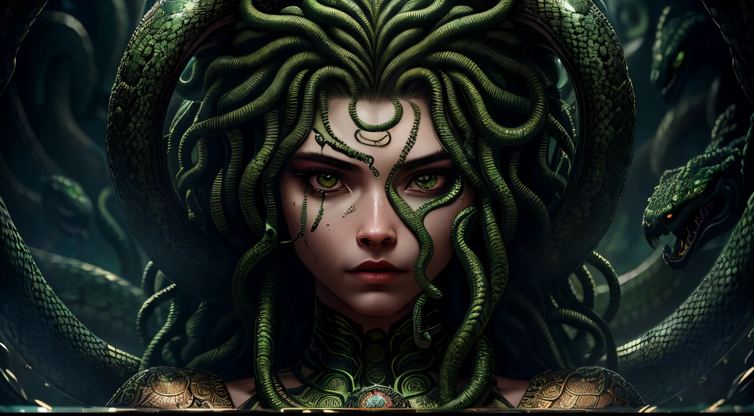 ((best quality)), ((realistic)), Medusa, upper body, hair is made up of countless snakes, green eyes, female face, metal underwear, trending on artstation, clear focus, studio shot , intricate detail, highly detailed, detailed eye, illustration, highly detailed, sharp focus, digital render, professional, 4k