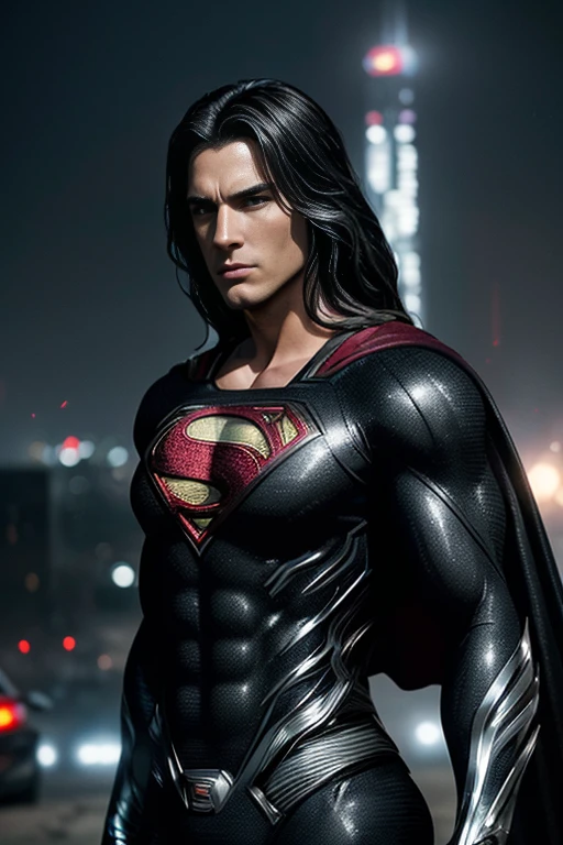 action shots of M1lly4c0k2222 ((wearing a sexier revealing black and silver version of the evil superman suit man of steel)), large breasts, toned body, (explosions in the background a city in ruins), Style-BladeRunner2049-8v Intricate, High Detail, Sharp focus, dramatic, ((photorealistic))