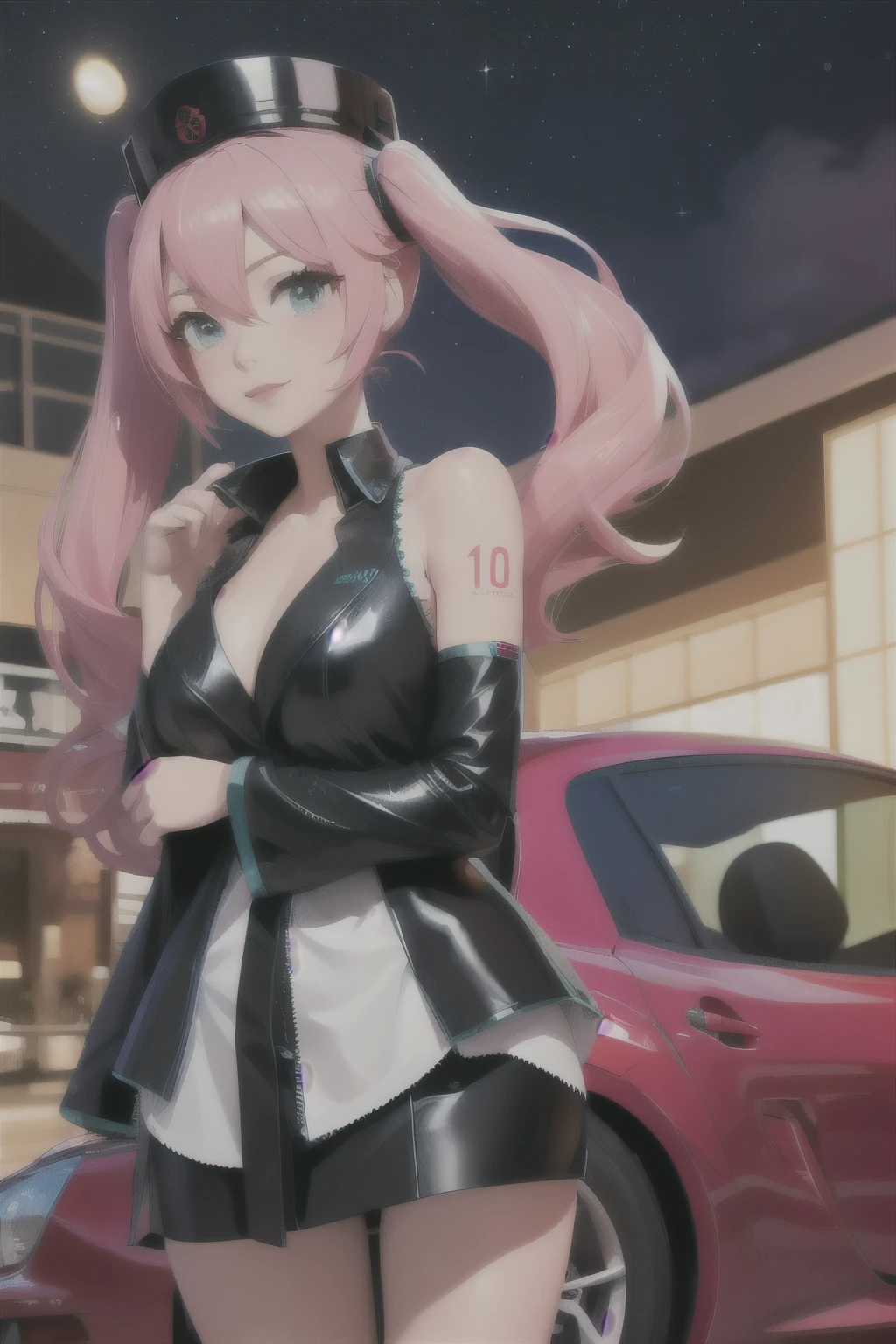 Hatsune Miku mit pinken Haaren sitzt auf Motorhaube von pinken Mazda RX7 nachts.