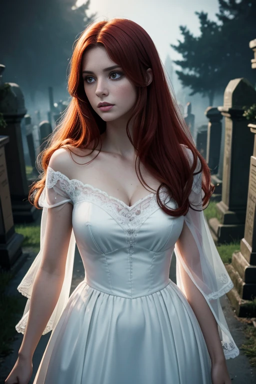 Cinematic footage from Mario Bava horror movie, full medium closeup, a gorgeous 18-year-old woman resembling Bella Thorne, long red hair, soft pale skin, cute and youthful face, well-defined eyebrows, light blue eyes, delicate nose, plump and round lips, walks in an Gothic cemetery at night wearing a white wedding dress, fog and rainy condition, ghostly atmosphere, 1600s, (high skin detail: 1.2), ultra-detailed, photo-realistic, depth of field, cinematic lighting, IMAX camera, HDR, DTM, Full HD, 8k