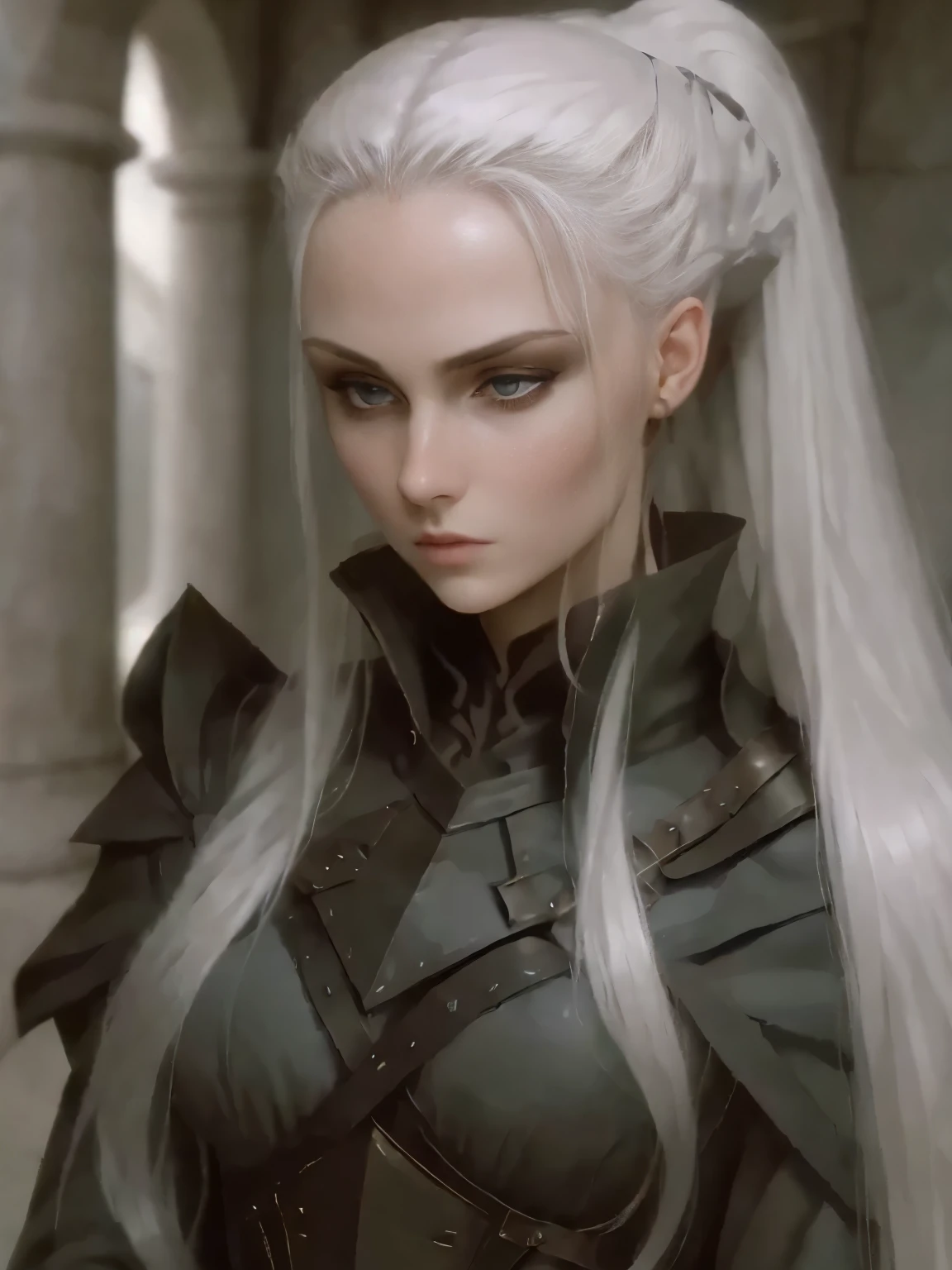 Character design sheet, same character, on front, from on the side, At the back. Manon is a young, extremely beautiful girl with fair skin. Long, moon white hair, ponytail and asymmetrical bangs, laid on one side, and eyes the color of pure silver. After meeting her people say, that she is the most beautiful woman, what have they ever seen