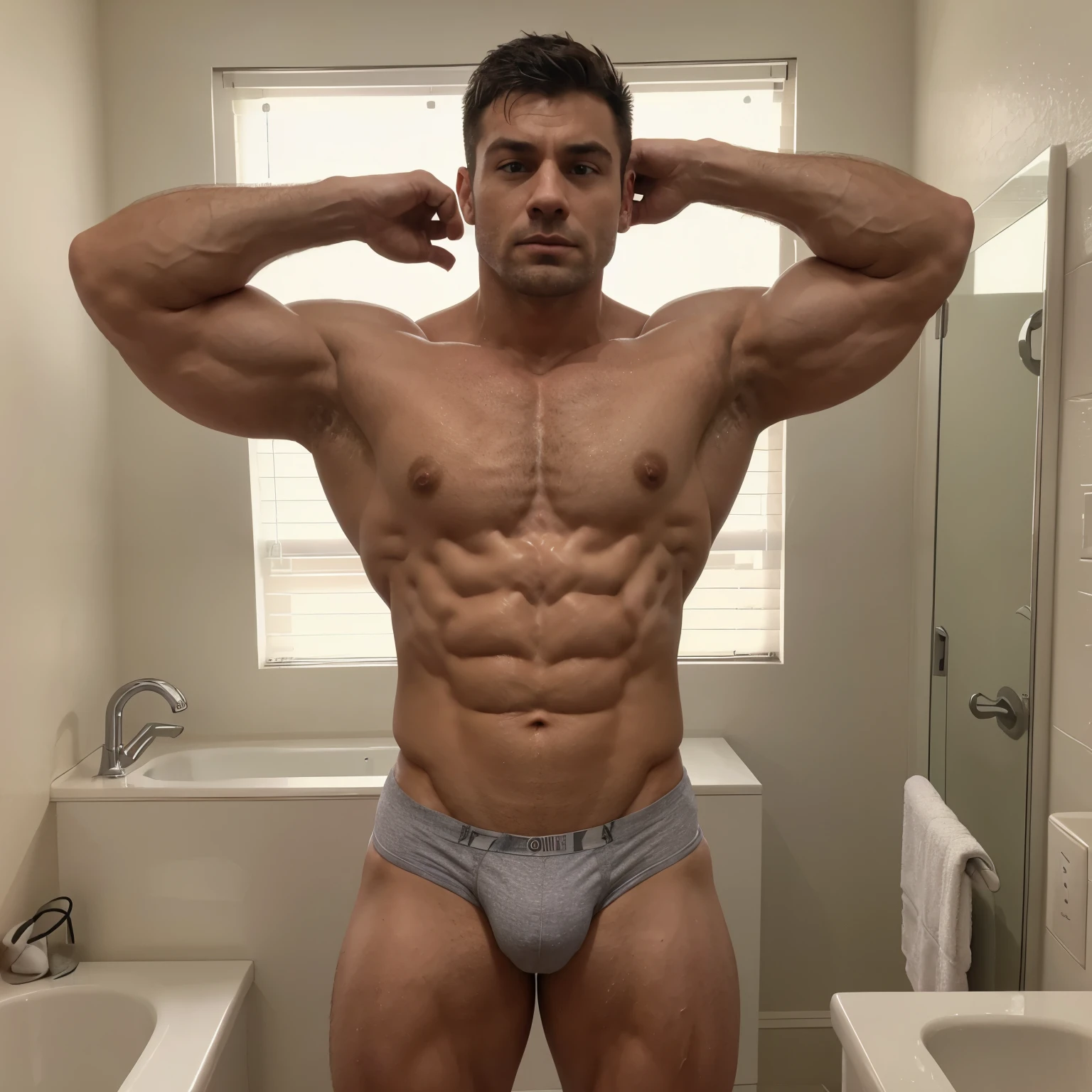 The muscular man is looking in the mirror in his bathroom as a purple smoke fills the room.  His face look shocked and confused.  He is no longer flexing but is rubbing his abs and his chest.  He is wearing grey tight underwear.