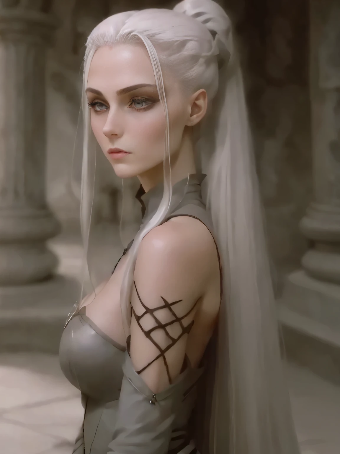 Character design sheet, same character, on front, from on the side, At the back. Manon is a young, extremely beautiful girl with fair skin. Long, moon white hair, ponytail and asymmetrical bangs, laid on one side, and eyes the color of pure silver. After meeting her people say, that she is the most beautiful woman, what have they ever seen