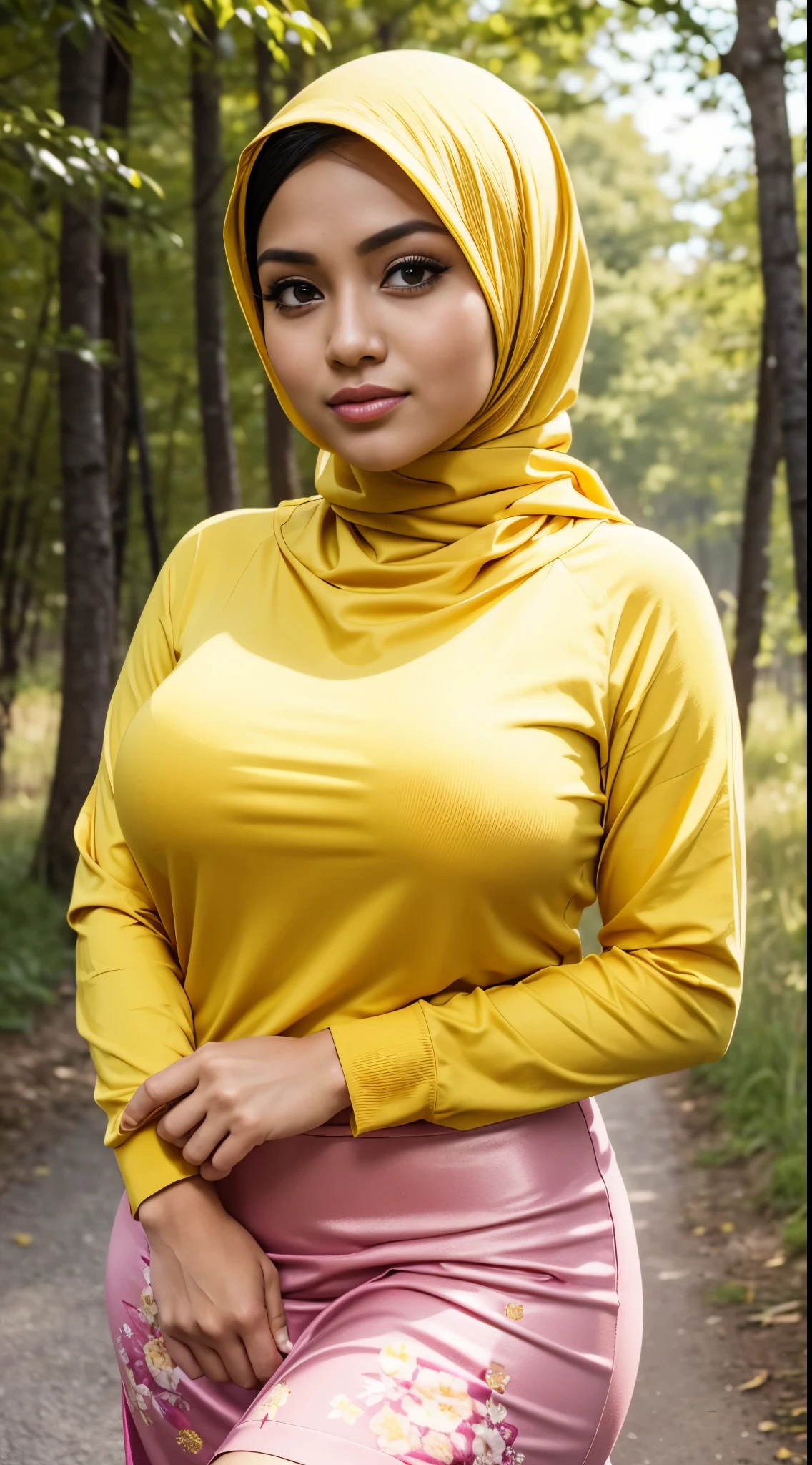 RAW, Best quality, high resolution, work: 1.3), Beautiful Malay woman in hijab,Perfect work, perfect fit body, ((Big breasts)), beautiful big eyes, Soft smile, beautiful face, slightly open mouth, thick thighs, beautiful buttocks, woman wearing a yellow top and long pink skirt, with a long cloth with a yellow floral pattern, (yellow), long yellow shirt, shiny yellow, wearing a long blouse with a yellow floral pattern, yellow, graceful yellow skin, smooth turtleneck, walking on a country road with morning sunlight through the trees, great