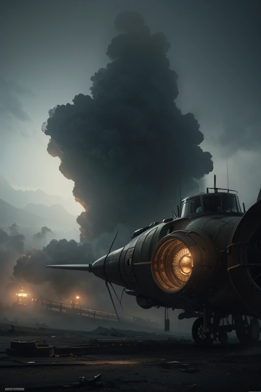 A wasteland-style spaceship, exploding in the air, black smoke from the engine, surrounded by a group of small red wasteland-style aircraft, with an abandoned ancient city in the background, towering industrial towers everywhere and some withered vegetation, storm-swept, foggy, low-saturation, cinematic, Unreal Engine, trending on artstation