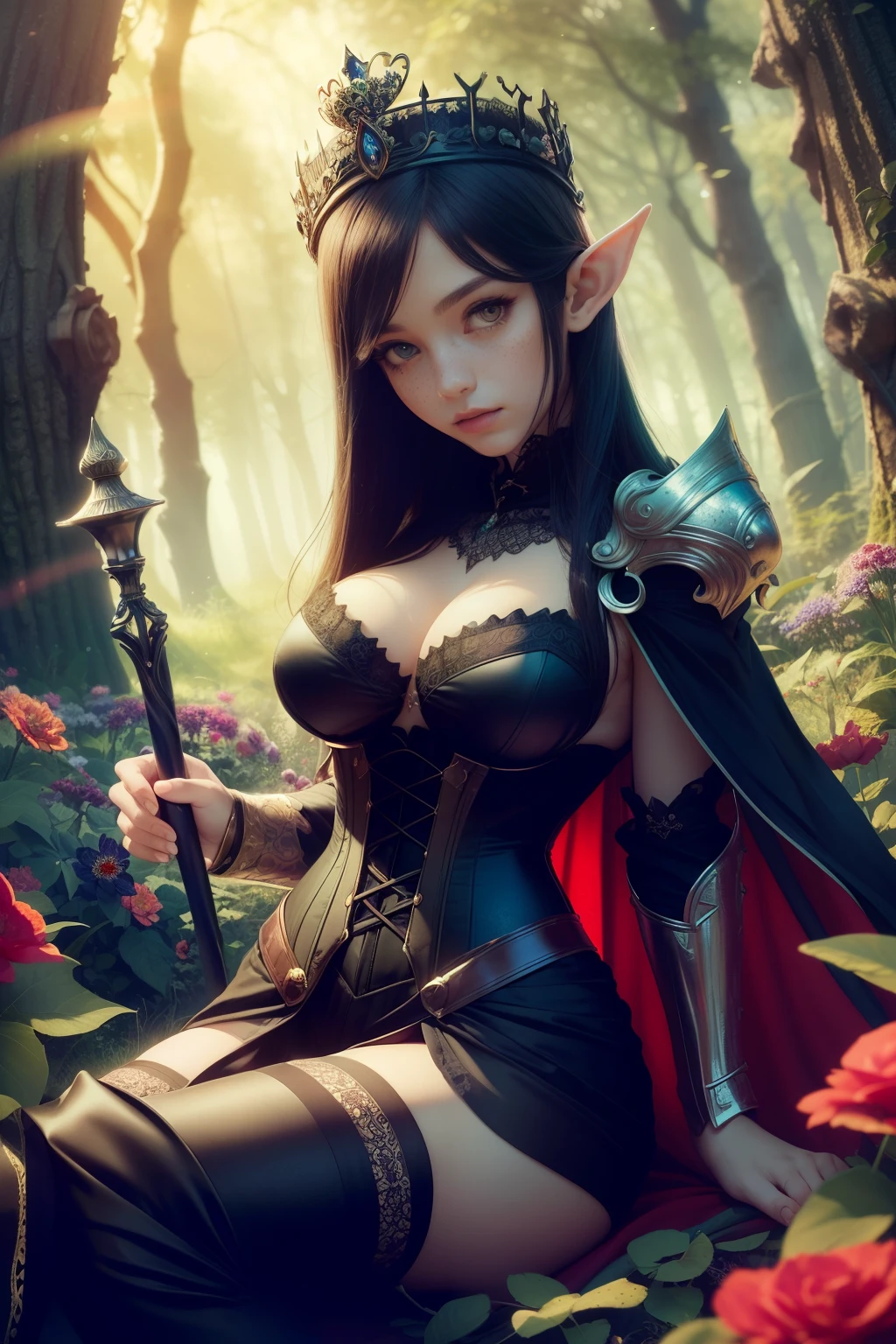 Fantasy, medieval, facing camera, ((best quality)), ((masterpiece)), (detailed), perfect face, perfect body, beautiful sexy elf, sitting, long black hair, big eyes, brown eyes, black eyeliner, hourglass figure, freckles, outdoors, gloomy forest, crown of flowers on head, corset, glass armor, flowing cape