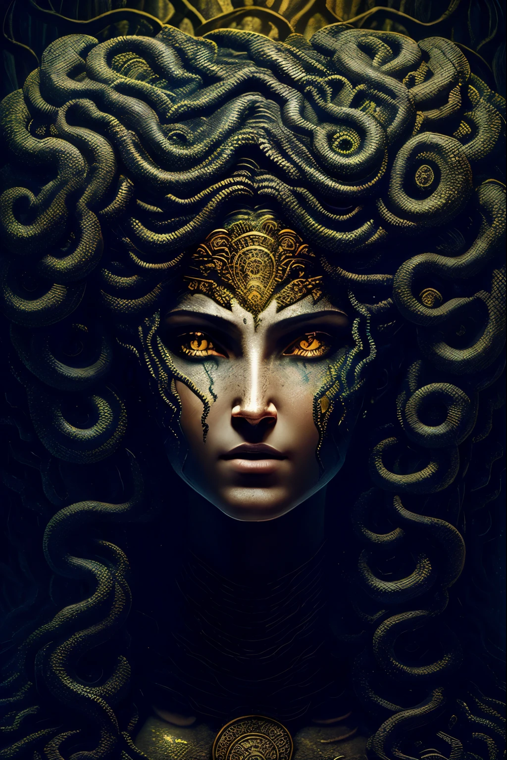 “Draw Medusa from Greek mythology based on her classical description. Portray a woman of unearthly beauty with a pale face, chiseled features and piercing eyes. Seu cabelo deve ser composto por serpentes vivas e venenosas, variando em tamanho e cor, com escamas reluzentes e olhos sinistros. Vista-a com uma veste que lembra uma armadura feita de escamas de serpentes. It has sharp claws on its hands and membranous wings on its back.. Make sure you capture the mischievous expression in his smile, while maintaining a menacing, petrifying look in his eyes. Convey your fearsome and terrifying nature in every detail.