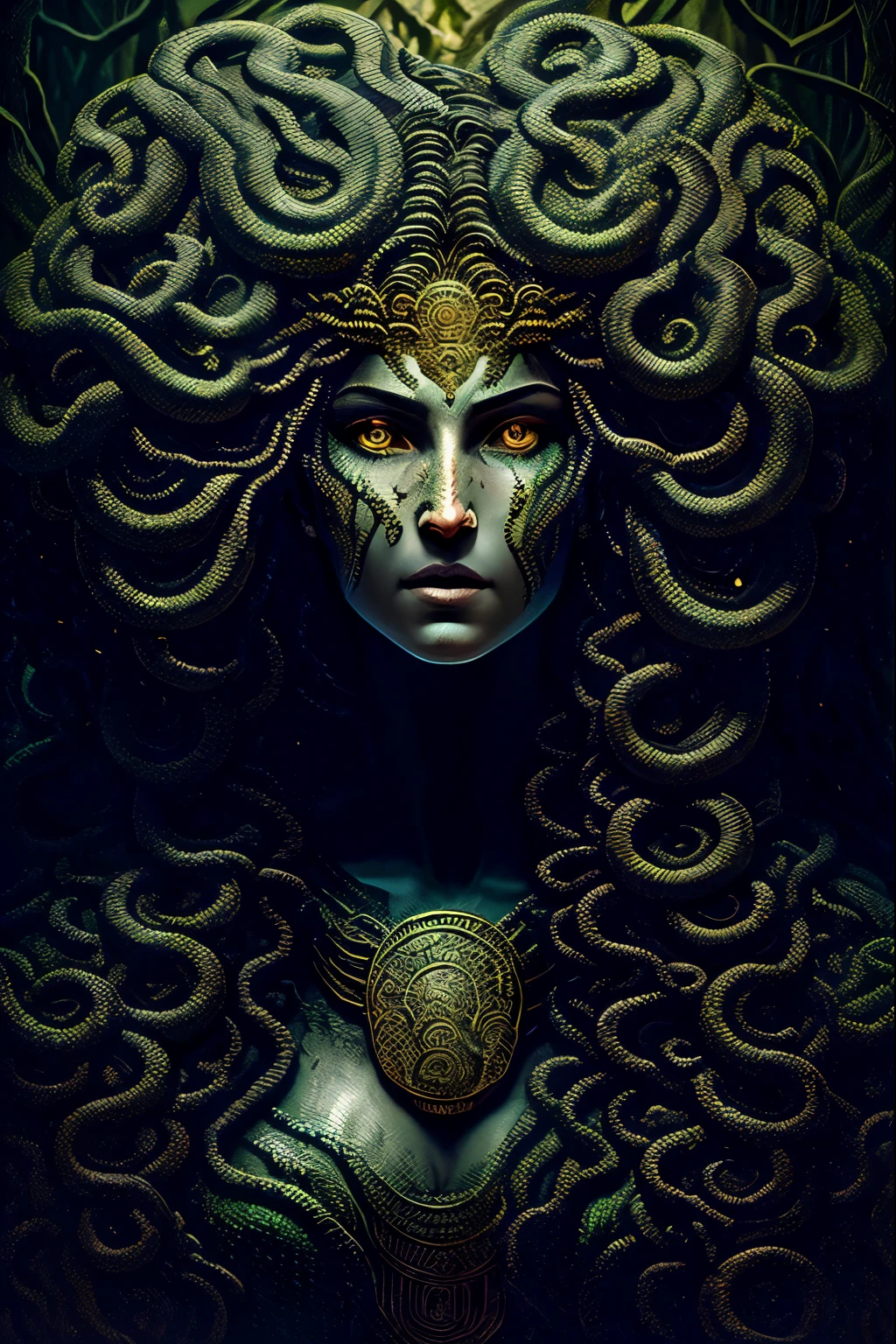 Medusa from Greek mythology based on her classical description. Portray a woman of unearthly beauty with a pale face, chiseled features and piercing eyes. Seu cabelo deve ser composto por serpentes vivas e venenosas, variando em tamanho e cor, com escamas reluzentes e olhos sinistros. Vista-a com uma veste que lembra uma armadura feita de escamas de serpentes. It has sharp claws on its hands and membranous wings on its back.... Make sure to capture the mischievous expression in her smile, while maintaining a threatening appearance, olhar petrificante em seus olhos. Convey your fearsome and terrifying nature in every detail.