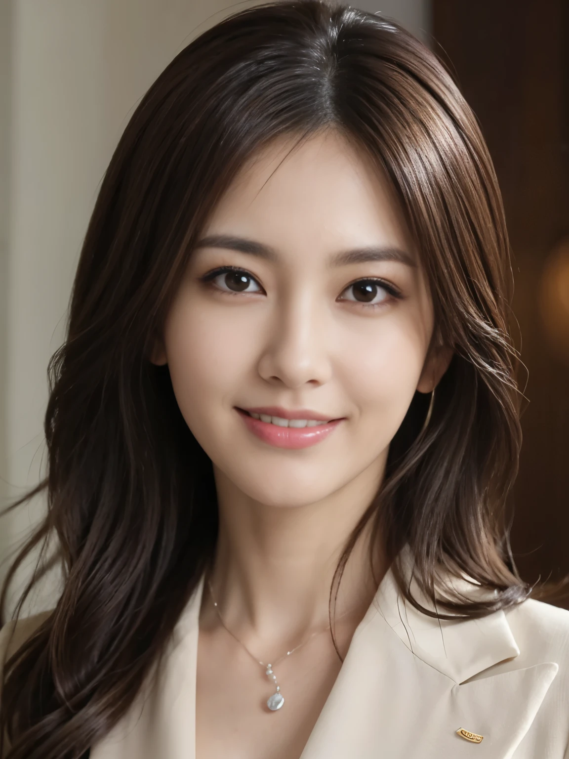 masutepiece, Best Quality, Photorealistic, Ultra-detailed, finely detail, High resolution, 8K Wallpaper, 1 beautiful woman,, light brown messy hair, in a business suit, foco nítido, Perfect dynamic composition, Beautiful detailed eyes, detailed hairs, Detailed realistic skin texture, Smiling, Close-up portrait, Model body type、(50代A MILF)、A MILF、Facing the front