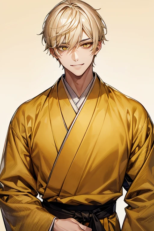 man 1、yellow short hair, long yellow eyelashes、yellow eyebrows、Handsome man with expressive eyes, Smiling, Yellow eyes、细致背景、hakama