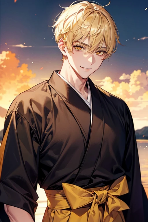 man 1、yellow short hair, long yellow eyelashes、yellow eyebrows、Handsome man with expressive eyes, Smiling, Yellow eyes、细致背景、hakama