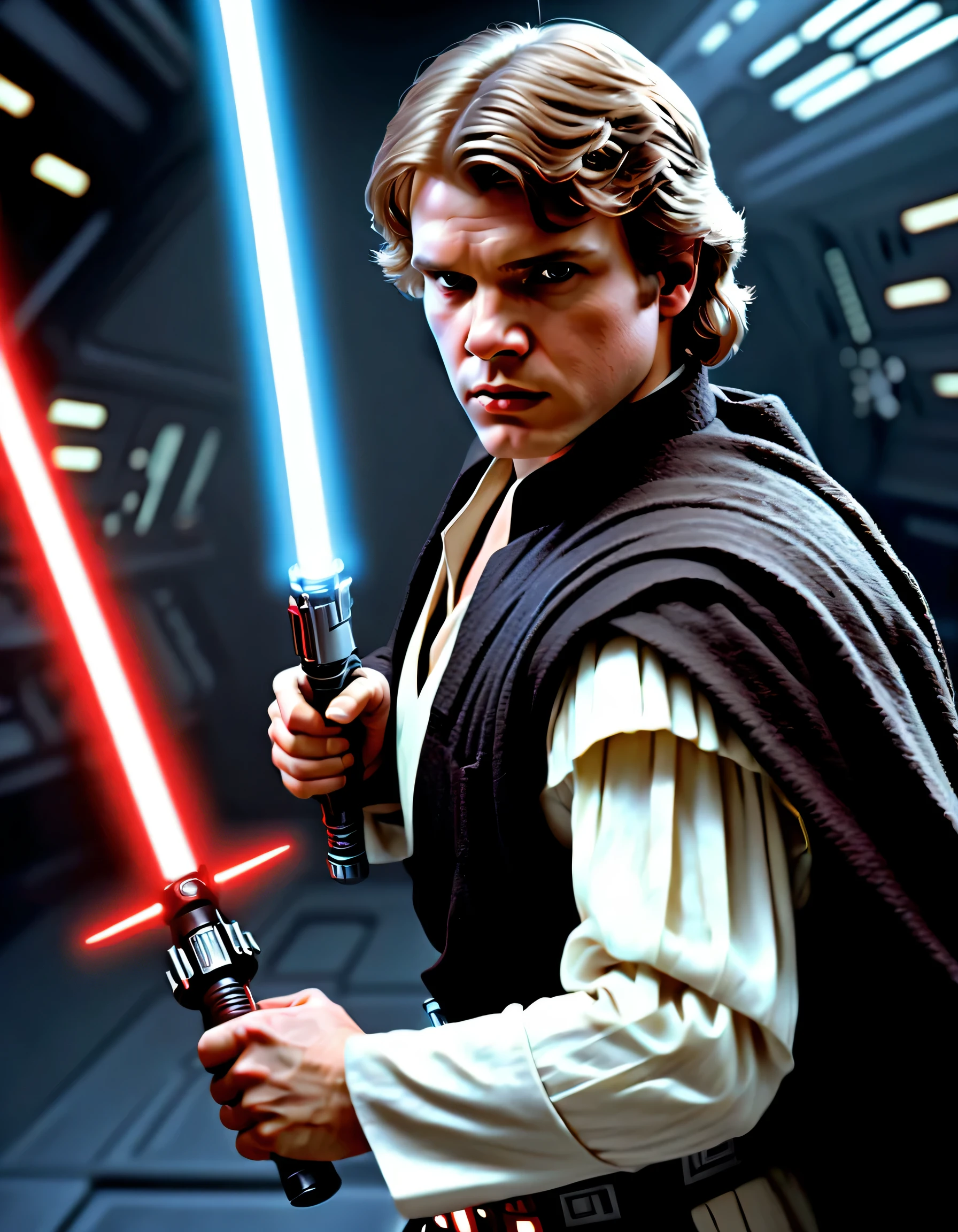 Anakin Skywalker,escolhido,strong with the Force,fundo escuro e sinistro,sabre de luz vermelho, Stormtroopers, Tecnologia futurista, iconic spaceships,Intergalactic Battle,Epic Duel of Sabres de Luz,emocionalmente em conflito,A Galactic Republic,THE FORCE,powerful strength abilities,Fierce determination,destined for greatness,hug from the dark side,intense and dramatic,Heroic sacrifice,iconic characters,escuro e chocante,duelo de destinos,epic space opera, cosmic conflict, intenso e imersivo, grandeza e escala,Han Solo,Jateadores a Laser,combate com sabre de luz,Galactic Empire,The Empire Strikes Back,enigmatic Sith Lord,war-torn galaxy.