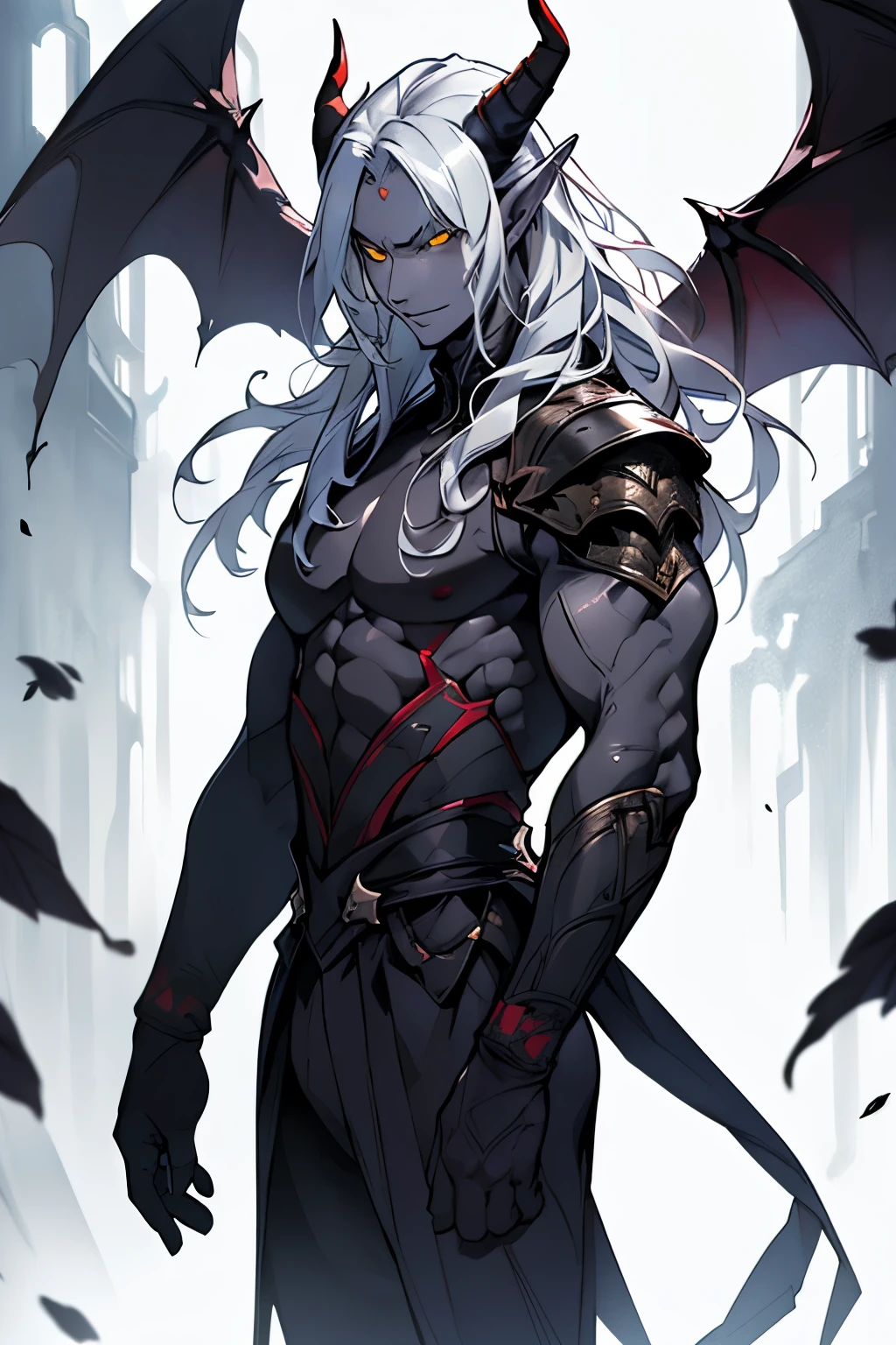 A male anime character, brawny, darkskin, dragon horns with dragon tail and wings, cabelo longo e branco, Eyes red, smiling from the corner