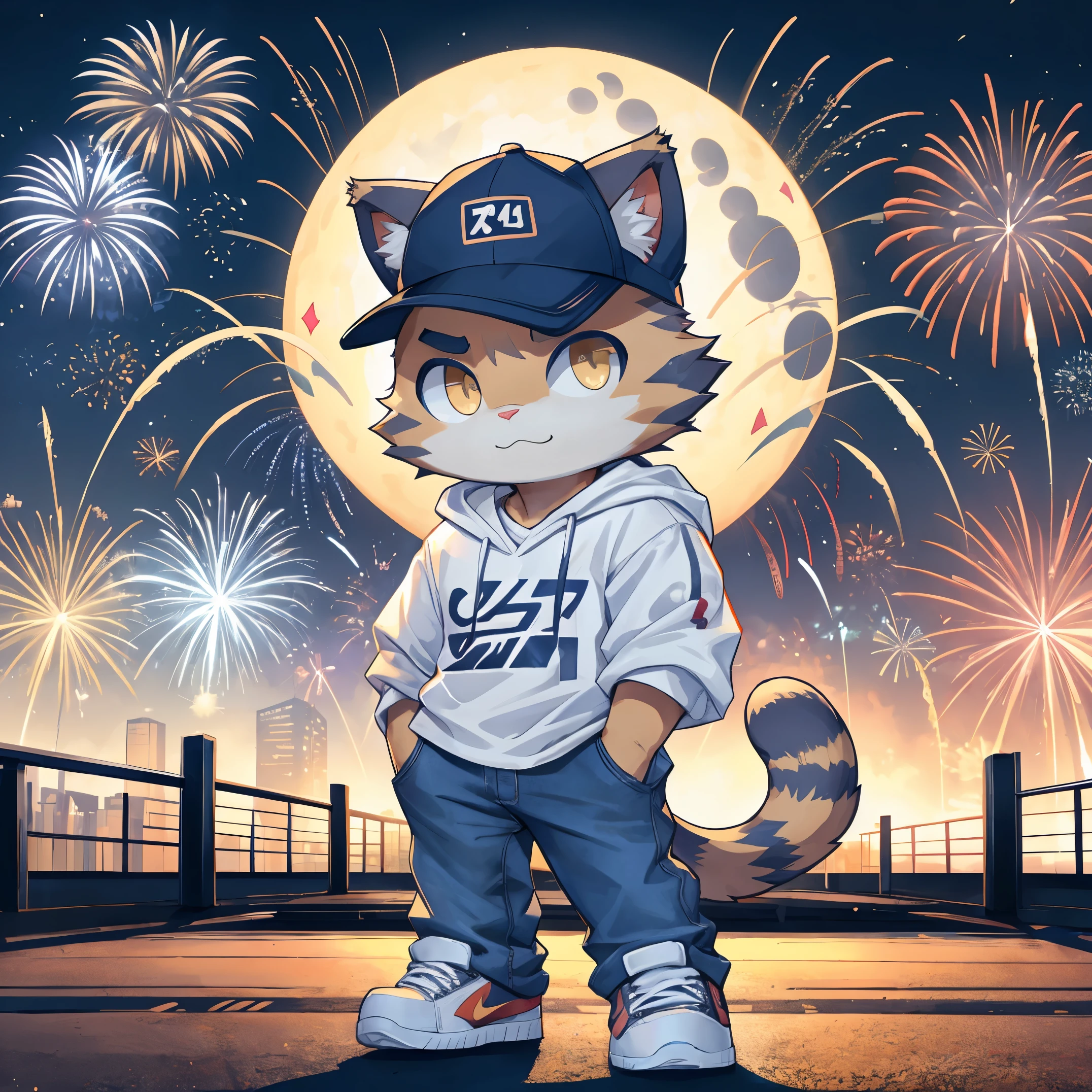 Cat wearing a white tshirt, jeans, cap and nike sneakers, chibi, standing, background cityscape with new year's fireworks, stunning, full moon with radiance lighting.