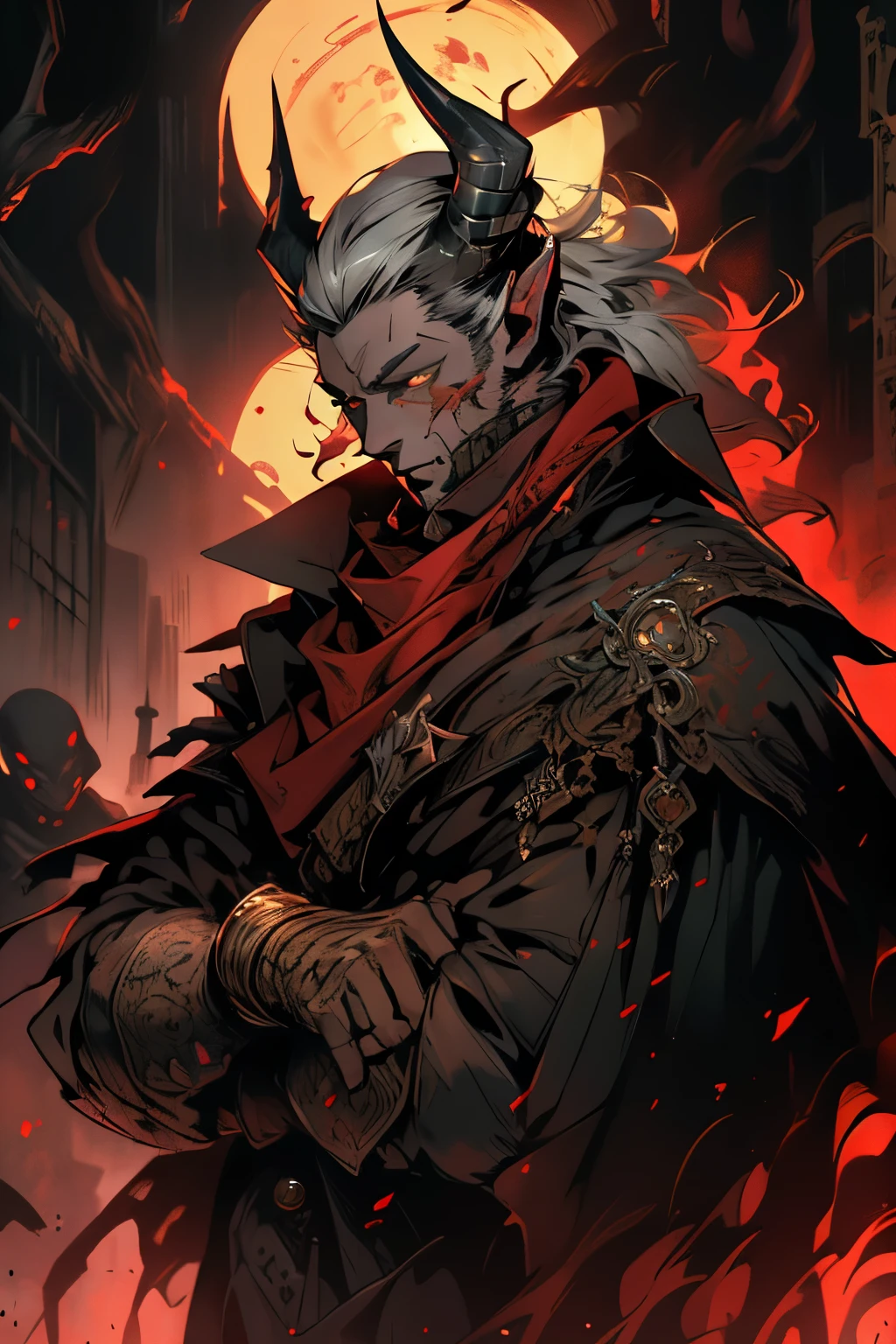 The Demon Hunter is a young man with black hair and a beard,Wearing a large black trench coat with a black pattern。The demon hunter threw the blood slave fangs in front of the white-haired old man,Dark theme, optic, fanciful。