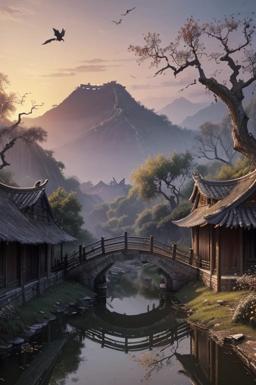 masterpiece, high quality, high resolution,8k, chinese painting ,, Withered vines, aged ((trees)), dusk ((crows)) cawing free,, ((a small bridge)), flowing water, (((a humble dwelling))), (a horse:1.6),, Westward blows the chilly wind on ((an ancient path)),, As the sun sets, my heart aches with a lonely wrath,,