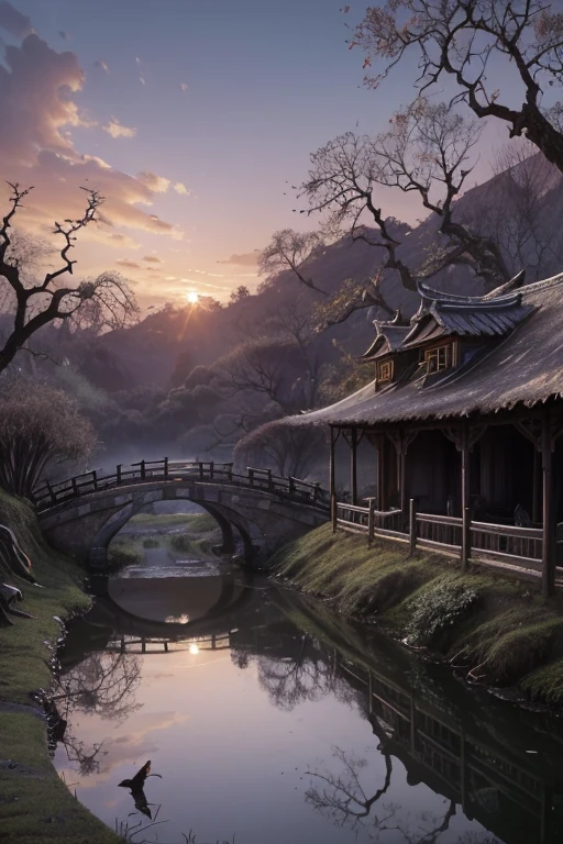 masterpiece, high quality, high resolution,8k, chinese painting ,, Withered vines, aged ((trees)), dusk ((crows)) cawing free,, ((a small bridge)), flowing water, (((a humble dwelling))),  (a horse:1.6),, Westward blows the chilly wind on ((an ancient path)),, As the sun sets, my heart aches with a lonely wrath,,