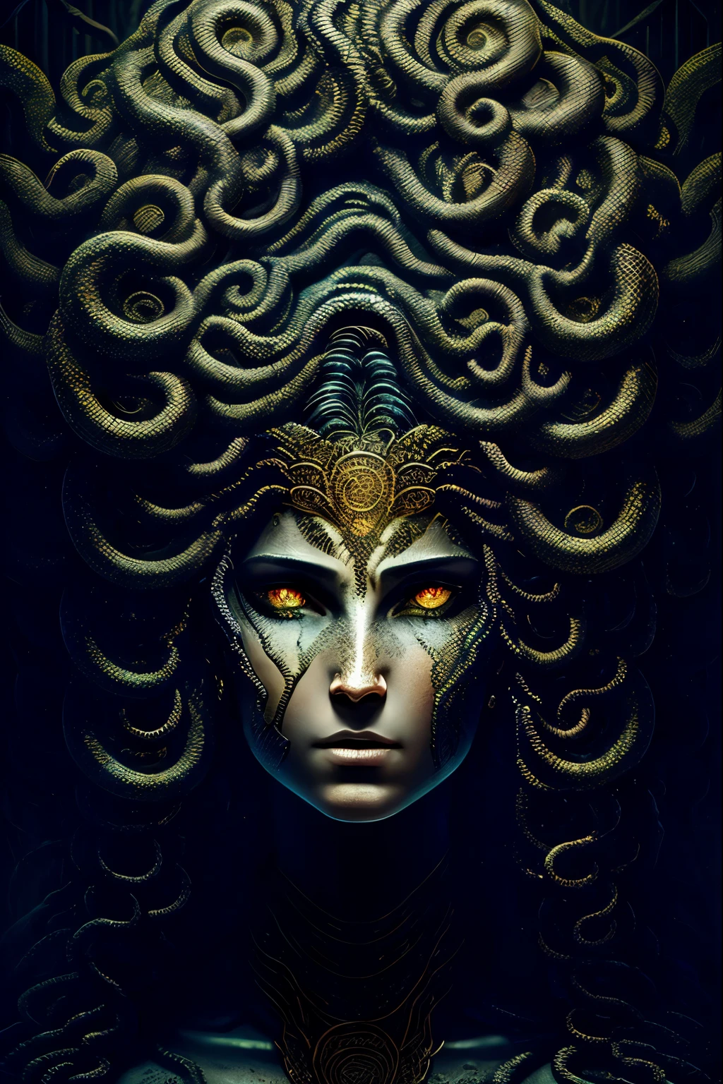 Medusa from Greek mythology based on her classical description. Portray a woman of unearthly beauty with a pale face, chiseled features and piercing eyes. Seu cabelo deve ser composto por serpentes vivas e venenosas, variando em tamanho e cor, com escamas reluzentes e olhos sinistros. Vista-a com uma veste que lembra uma armadura feita de escamas de serpentes. It has sharp claws on its hands and membranous wings on its back.... Make sure to capture the mischievous expression in her smile, while maintaining a threatening appearance, olhar petrificante em seus olhos. Convey your fearsome and terrifying nature in every detail.