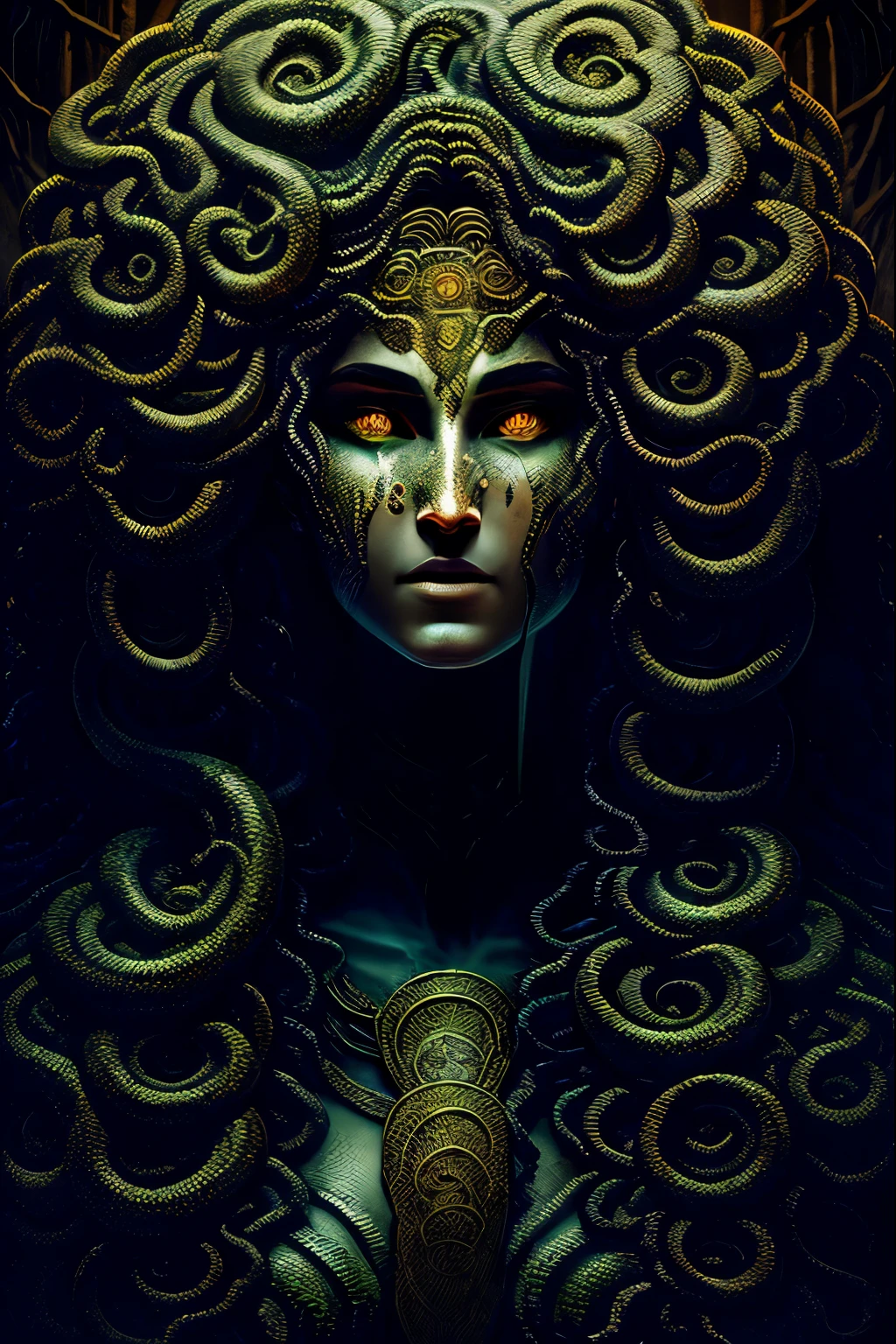 Medusa from Greek mythology based on her classical description. Portray a woman of unearthly beauty with a pale face, chiseled features and piercing eyes. Seu cabelo deve ser composto por serpentes vivas e venenosas, variando em tamanho e cor, com escamas reluzentes e olhos sinistros. Vista-a com uma veste que lembra uma armadura feita de escamas de serpentes. It has sharp claws on its hands and membranous wings on its back.... Make sure to capture the mischievous expression in her smile, while maintaining a threatening appearance, olhar petrificante em seus olhos. Convey your fearsome and terrifying nature in every detail.