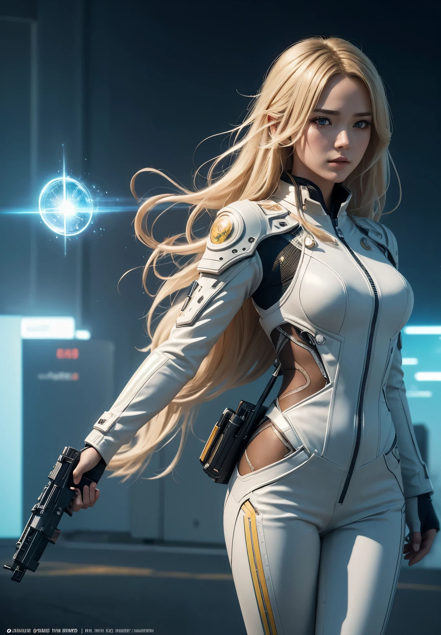(Best Quality,4k,8K,hight resolution,Masterpiece:1.2), Ultra-detailed, (Realistic,Photorealistic,photo-realistic:1.37), A man and a woman against the background of the city of the future, a dark-haired male wizard stands facing us behind a woman with a fireball, looms over his arm, beautiful real blonde holds and points a future pistol at the viewer, disheveled shoulder-length hair, white PVC jumpsuit, Happy, full - body, Beautiful anime waifu style girl, hyper detailed painting, luminism, Concept art by Carne Griffiths and Vadim Kashin, 4k resolution, fractal isometrics details bioluminescence , 3D Rendering, Octane Render, intricately-detailed , Cinematic, Trending artsstatina Isometric centered hyperrealistic cover stunning full color, gritty, Realistic flight , Intricate, hit definition , Cinematic