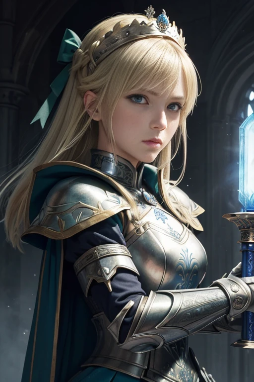 (masterpiece:1.2), (absurdres), (detailed face),(detailed eyes), (best quality) (traditional media:1.2) , (white backround), upperbody, (expressionless), artoria_pendragon_(fate), saber, armor, blonde hair, gauntlets, green eyes, hair ribbon, armored dress, ahoge, blue dress,