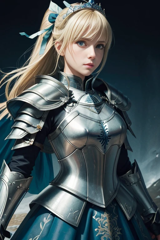 (masterpiece:1.2), (absurdres), (detailed face),(detailed eyes), (best quality) (traditional media:1.2)  , (white backround), upperbody, (expressionless),  artoria_pendragon_(fate), saber, armor, blonde hair, gauntlets, green eyes, hair ribbon, armored dress, ahoge, blue dress,