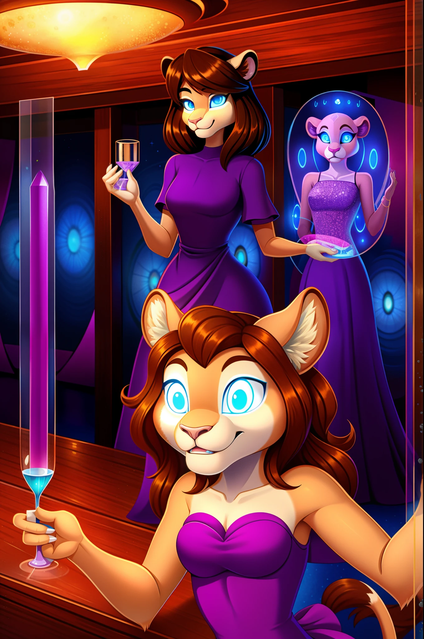 housewife, lioness anthro, brown hair, blue eyes, glowing eyes, purple dress, glass case, mind-controlled, hypnotized, hollow eyes, 3D Disney style, full body
