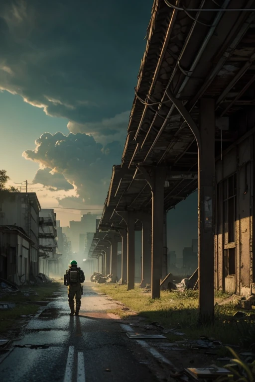 (Ultra detailed), (masterpiece), (best quality), (very detailed CG unit 8k wallpaper), a man in hazmat gas mask suit exploring abandoned city, following the road, polluted, abandoned, (green sky), neglected, dawn, concept art, (small growths of tiny shiny fungi, roots, spores, polluted air), (greenish sky), dark, post-apocalypse, cinematic, highly detailed, stylized wallpaper