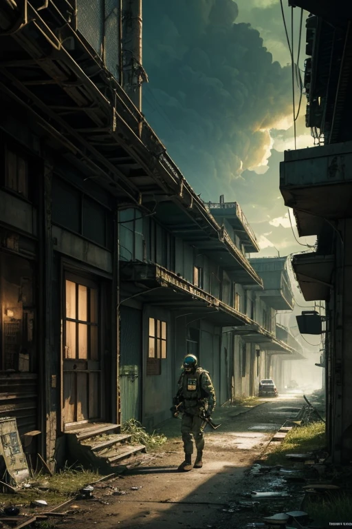 (Ultra detailed), (masterpiece), (best quality), (very detailed CG unit 8k wallpaper), a man in hazmat gas mask suit exploring abandoned city, following the road, polluted, abandoned, (green sky), neglected, dawn, concept art, (small growths of tiny shiny fungi, roots, spores, polluted air), (greenish sky), dark, post-apocalypse, cinematic, highly detailed, stylized wallpaper