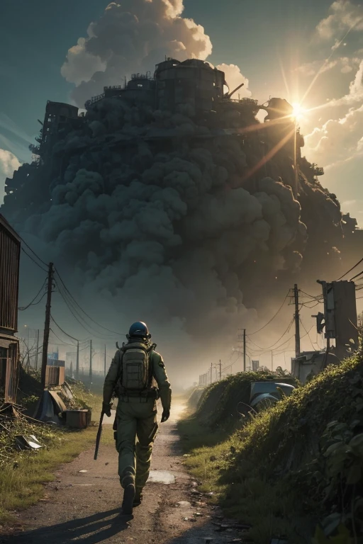 (Ultra detailed), (masterpiece), (best quality), (very detailed CG unit 8k wallpaper), a man in hazmat gas mask suit exploring abandoned city, following the road, polluted, abandoned, (green sky), neglected, dawn, concept art, (small growths of tiny shiny fungi, roots, spores, polluted air), (greenish sky), dark, post-apocalypse, cinematic, highly detailed, stylized wallpaper