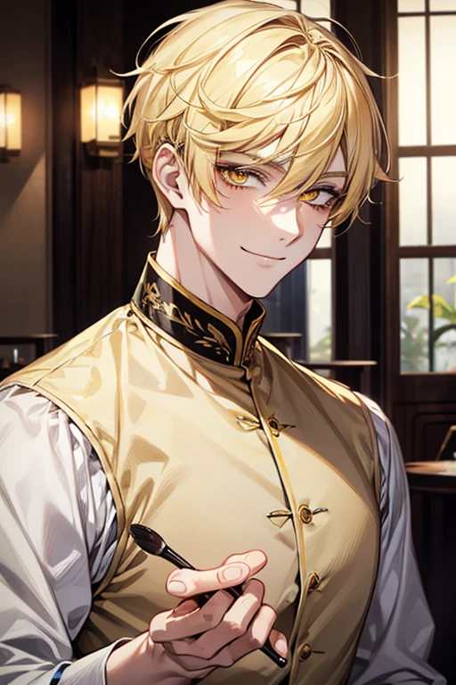 man 1、yellow short hair, long yellow eyelashes、yellow eyebrows、Handsome man with expressive eyes, Smiling, Yellow eyes、细致背景、patissier