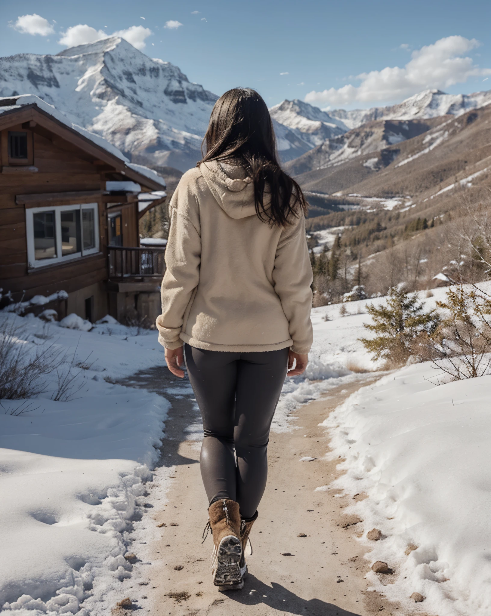 photorealistic, best quality, hyper detailed, Tala, cute Hawaiian girl, very short, skinny, long dark hair, curvy, best shadow, RAW, instagram LUT, walking away with her back to the viewer, winter, very little snow around, in the mountains, warm clothes, cute winter boots, warm leggings, right hand waving bye to whoever is behind her, walking on a mountain trail, sunny, detailed face, hint of a smile