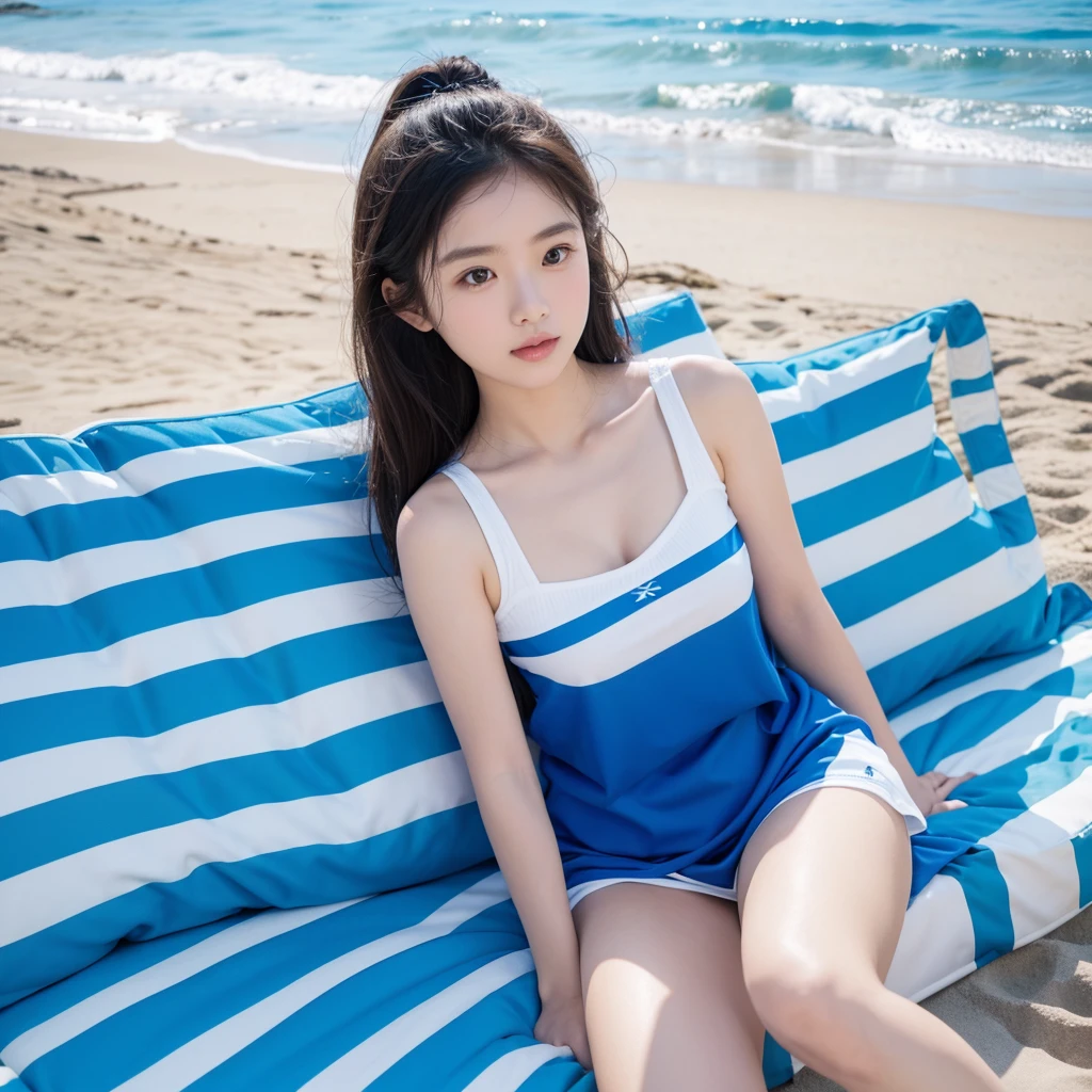 beachside,Wear only blue and white stripes,Everyone around looks at her