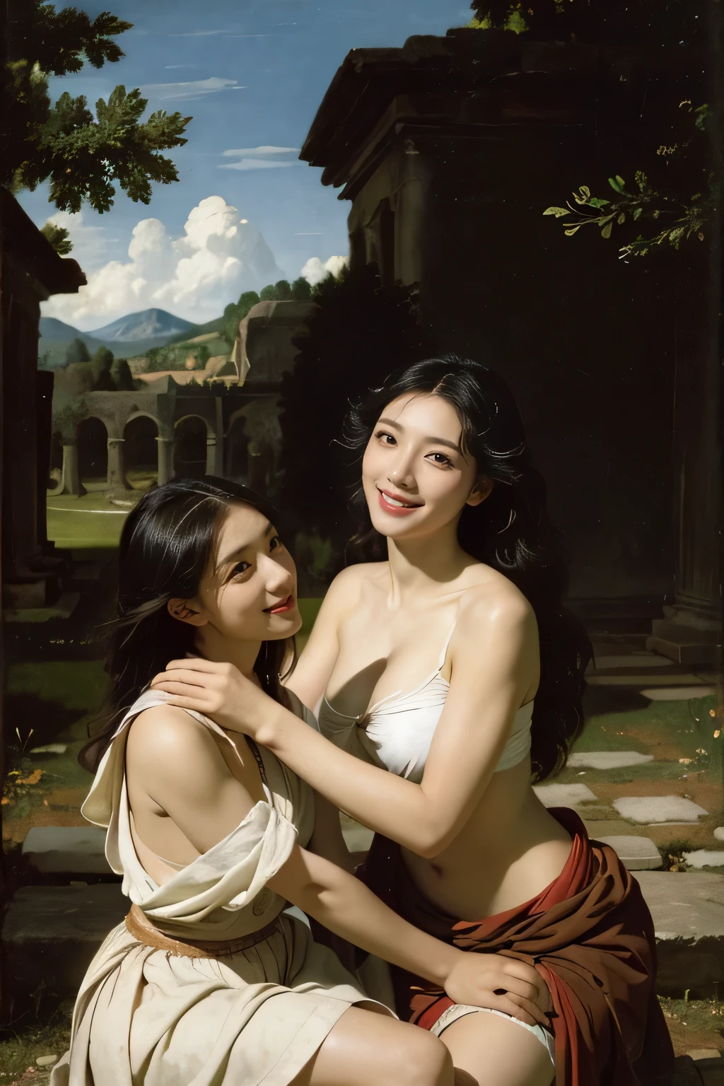 Ancient Roman ruins,Poussin-style landscape,A smile,,Sweet and seductive appearance.、Caravaggio's paintings、Chiaroscuro of Caravaggio、Hair disheveled in the wind,Two women frolicking,Cute smile, Expression of ecstasy,A sexy,Erotic