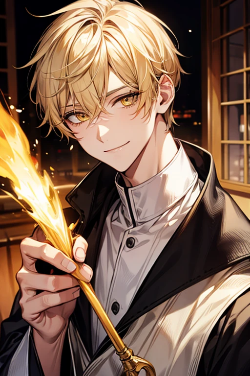 man 1、yellow short hair, long yellow eyelashes、yellow eyebrows、Handsome man with expressive eyes, Smiling, Yellow eyes、细致背景、izakaya
