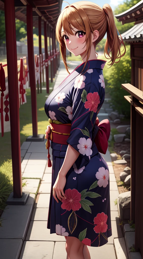 anime, beautiful face, highly detailed face, 2 accurate legs detailed eyes, highly detailed background, perfect lighting, accurate arms, perfect hands, accurate fingers, perfect feet, full body, 1girl, solo, ruby hoshino, oshi no ko, outdoors, absurdres, high res, ultrasharp, 8K, masterpiece, elegant pose, teasing smile, wearing a yukata, beautiful yukata, at a shrine, at a shrine to make a offering, side profile, side angle