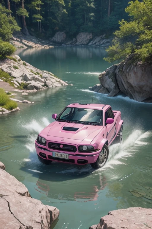 A pink panther ((aggressive), in attack position, rocks and lake around, highly detailed nature environment, high quality picture, hyper realistic, cinematic look, HD in 32k--ar 3:2--in style cartoon, draw