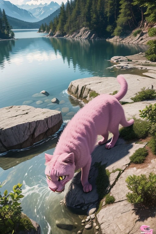 A pink panther ((aggressive), in attack position, rocks and lake around, highly detailed nature environment, high quality picture, hyper realistic, cinematic look, HD in 32k--ar 3:2--in style cartoon, draw
