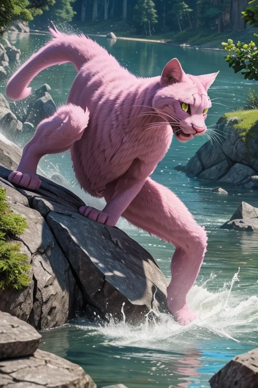 A pink panther ((aggressive), in attack position, rocks and lake around, highly detailed nature environment, high quality picture, hyper realistic, cinematic look, HD in 32k--ar 3:2--in style cartoon, draw