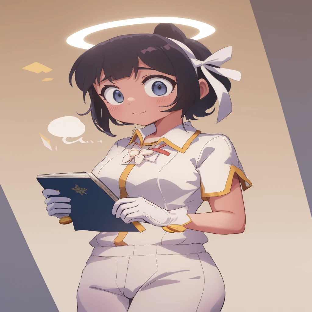 anime girl with angel halo Segurando um livro and looking at it, anime moe artestyle, Marin Kitagawa Fanarte, dressed like a cleric, Hestia, fanart detalhadoe, Segurando um livro, em estilo anime, cleric, r /arte, r / arte, r/arte, Arte Zerochane, kantai collection style, visual anime de uma menina bonito