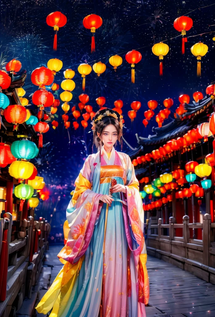 (Faraway view:1.9),The beautiful(Shanghai Yu Garden)Celebrate New Year's Day New Year's Countdown,new year 2024,(fireworks in the night sky:1.8),(((Hanging with many colorful arowana lanterns and decorations))),((Gorgeous Yu Garden)),((Fireworks bloom)),Beautiful reflection of fireworks and lanterns,a joyful atmosphere,((韩国女孩在Shanghai Yu Garden灯会展示她最美的红色汉服时尚舞蹈)),(pedestrians),Psychedelic stage,Ethereal atmosphere, (Anatomically correct, Delicate face makeup , pretty face, The face shape is perfectly proportioned),(Advanced facial details:1.1)A collection of shiny blue luxury Hanfu dresses,Gorgeous Hanfu costumes and Hanfu beauties,真实感,Amazing Cleavage, 电影灯光, Sony FE , wide angles, first person perspective, 8K, hyper HD, tmasterpiece, acurate, ctextured skin, high detal, Best quality at best, Award-Awarded,Shoot from a distance,Sense of distance, hanfu,nsfw