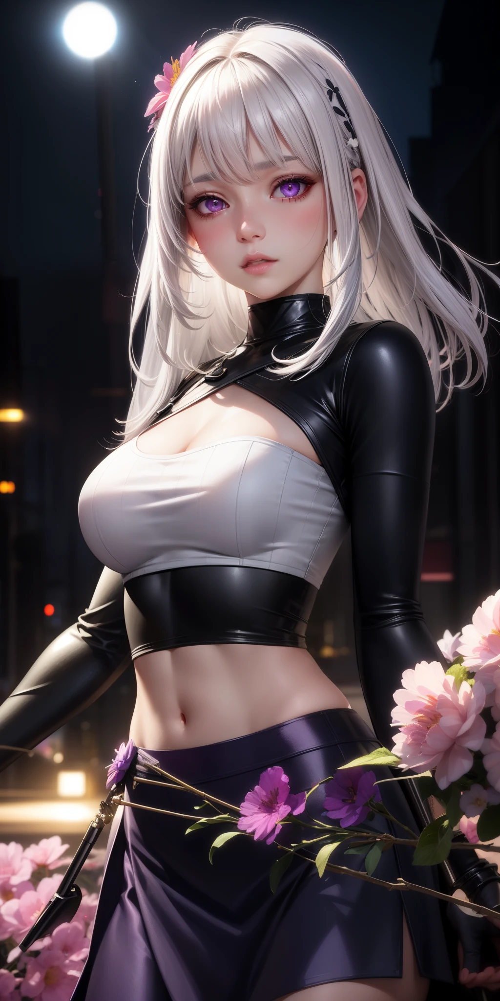 realistic, 1girl, white hair, purple eyes, glowing eyes, crop top, skirt, parted lips, blush, night, flowers, sun, sunlight,