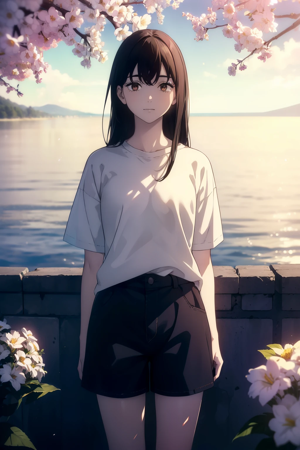 ((((Obra maestra, La mejor calidad, ultrahigh resolution)))), 1girl, standing, (baggy white t-shirt, loose fitting blue shorts, back hair, dark black hair over eye)), long hair cut, pale skin, ((brown eyes)), glowing_eyes, neon eyes, (ultra detailed eyes:0.7, beautiful and detailed face, detailed eyes:0.9), ((centered)), smile, ((wide shot)), facing viewer, (((vibrant background of outside, flowers, bright lighting, summer, sunlight))), flat chested, ((looking at viewer)), ((half closed eyes)), ((perfect hands)), ((head:1, hips, elbows, arms, in view)), ((hands behind back)), empty eyes, beautiful lighting, defined subject, 25 years old, ((cool looking)), ((from above, wide shot))
