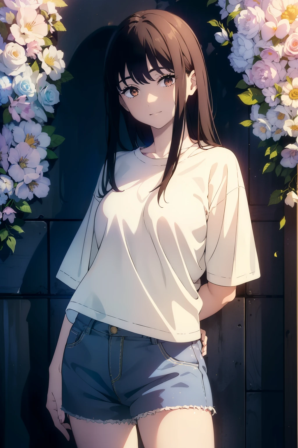 ((((Obra maestra, La mejor calidad, ultrahigh resolution)))), 1girl, standing, (baggy white t-shirt, loose fitting blue shorts, back hair, dark black hair over eye)), long hair cut, pale skin, ((brown eyes)), glowing_eyes, neon eyes, (ultra detailed eyes:0.7, beautiful and detailed face, detailed eyes:0.9), ((centered)), smile, ((wide shot)), facing viewer, (((vibrant background of outside, flowers, bright lighting, summer, sunlight))), flat chested, ((looking at viewer)), ((half closed eyes)), ((perfect hands)), ((head:1, hips, elbows, arms, in view)), ((hands behind back)), empty eyes, beautiful lighting, defined subject, 25 years old, ((cool looking)), ((from above, wide shot))