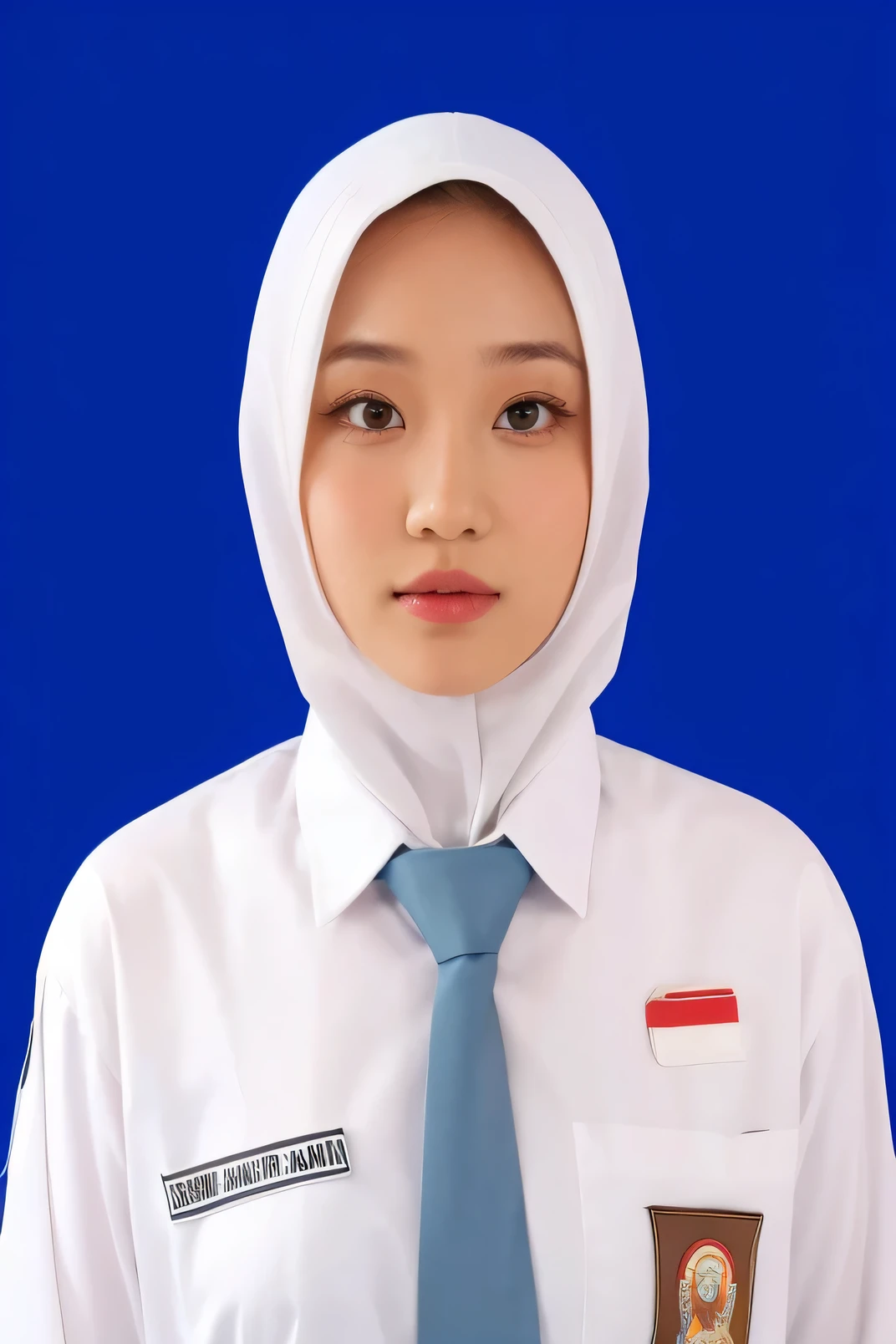 there is a woman wearing a white shirt and a blue tie, full protrait, student, protrait, potrait,, portrait n - 9, close portrait, foto, chibi, official photo, photoshot, profile portrait, a picture, profesional photo, graduation photo, picture