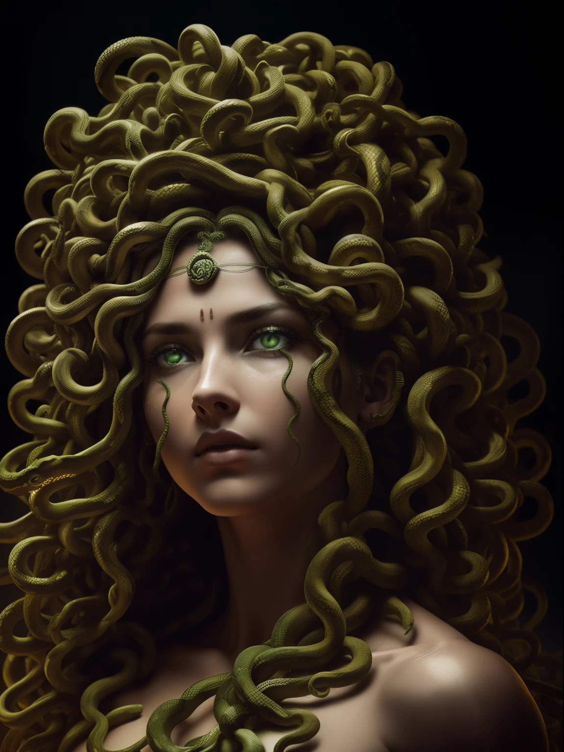((medusa)), ((the hair is composed of countless small snakes)), ((cobertura da parte superior do corpo com cobras)), (cara de olho de cobra verde, hands on cheeks, Rosto alto e detalhado, olhos altamente detalhados, 16k, Foto RAW, best quality, master part, Foto colorida RAW de alto detalhe, dramatic lighting, Cinematic lighting,