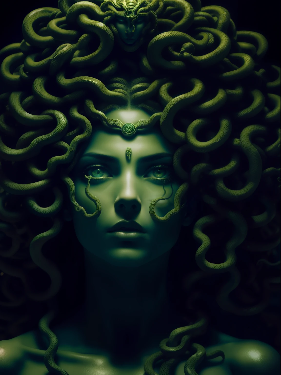 ((medusa)), ((the hair is composed of countless small snakes)), ((cobertura da parte superior do corpo com cobras)), (cara de olho de cobra verde, hands on cheeks, Rosto alto e detalhado, olhos altamente detalhados, 16k, Foto RAW, best quality, master part, Foto colorida RAW de alto detalhe, dramatic lighting, Cinematic lighting,